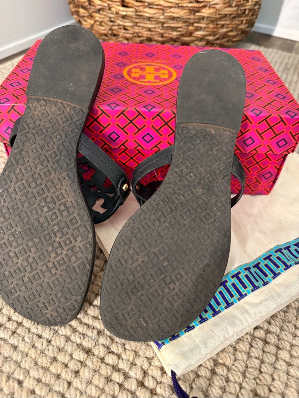 Tory Burch Black Leather Logo Thong Sandals